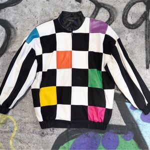 Vintage Julian K. Genuine Leather Colorblock Checkerboard Bomber Jacket, Size M